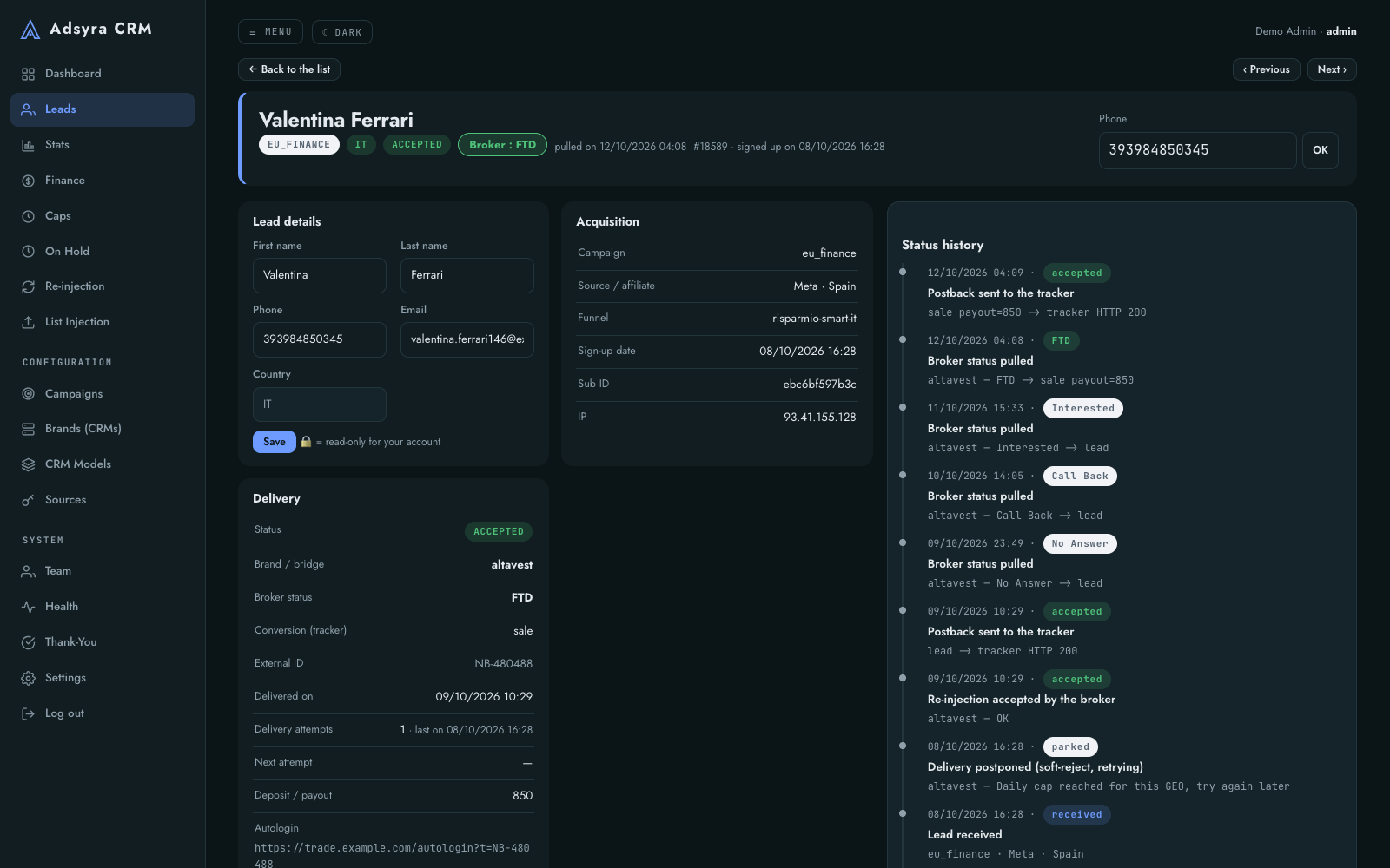 Lead detail with the full status history timeline